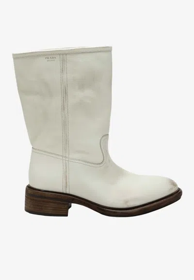 Prada Aged-effect Leather Mid-calf Boots In White