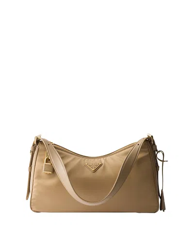 Prada Aimee Large Re-nylon And Leather Shoulder Bag With Padlock In Brown