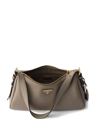 Prada Aimée Leather Handle Triangle-logo Shoulder Bag In Gray