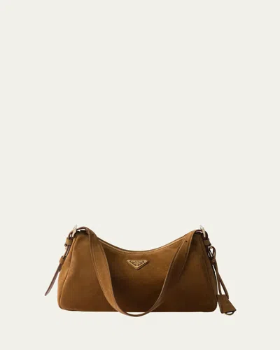 Prada Aimee Medium Zip Suede Shoulder Bag In Brown