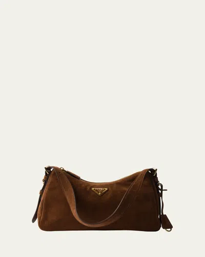 Prada Aimee Medium Zip Suede Shoulder Bag In F0324 Cacao