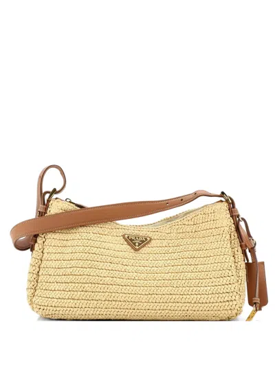 Pre-owned Prada Aimee Raffia And Leather Large Shoulder Bag In Brown