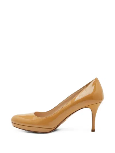 Pre-owned Prada Almond-toe Patent-leather Heeled Pumps In Neutrals