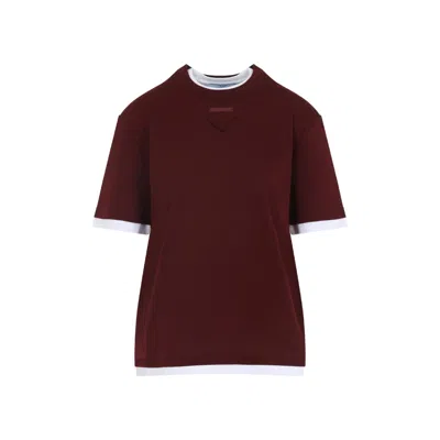 Prada Amaranth Red Cotton Crew Neck T-shirt In Burgundy