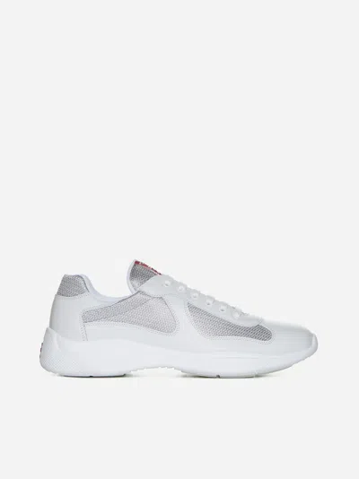 Prada America's Cup Leather And Fabric Sneakers In White,silver