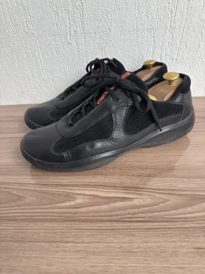 Pre-owned Prada America Cup Leather Trainers Shoes In Black