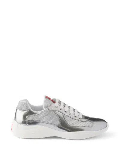Prada America's Cup Metallic-leather And Bike Fabric Sneakers In Silver
