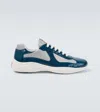 Prada Calf Leather Sneakers Petrolio Silver Mesh In Blue