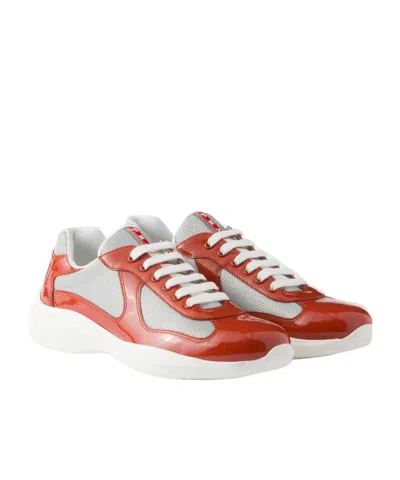 Prada Patent Leather And Technical Fabric  America's Cup Sneakers In Scarlatto/argento