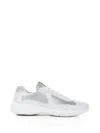 Prada Two-tone Leather And Fabric America S Cup Sneakers In Bianco/argento