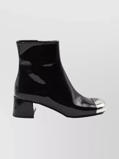 PRADA ANKLE BOOTIES WITH BLOCK HEEL AND METALLIC TOE