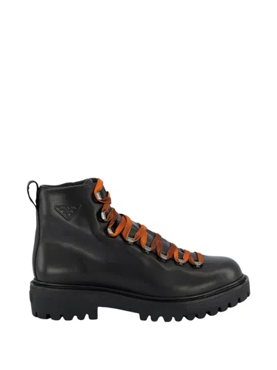 Prada Leather Lace-up Ankle Boots In Black