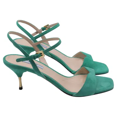 Prada Ankle Strap Sandal Heels In Green Suede In Multi