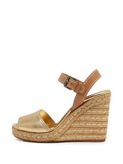 Pre-owned Prada Ankle-strap Heeled Espadrilles In Gold