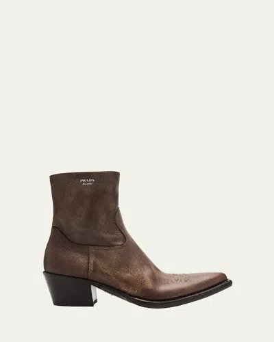 Prada Antique Calf Leather Western Booties In Brown