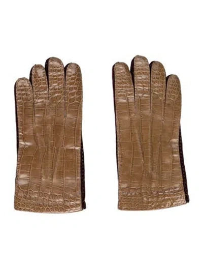 Pre-owned Prada Antique Crocodile Leather Gloves In Brown