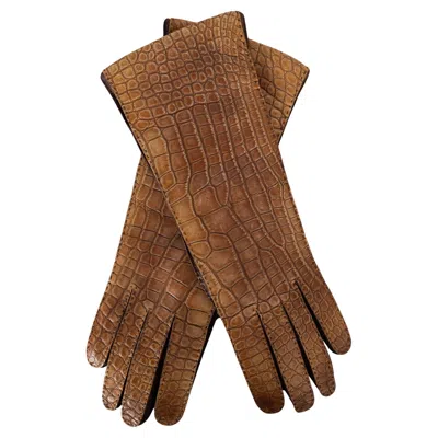 Pre-owned Prada Antique Light Brown Croc & Leather Gloves 7