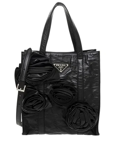 Prada Antique Nappa Leather Mini Tote With Flowers In Black