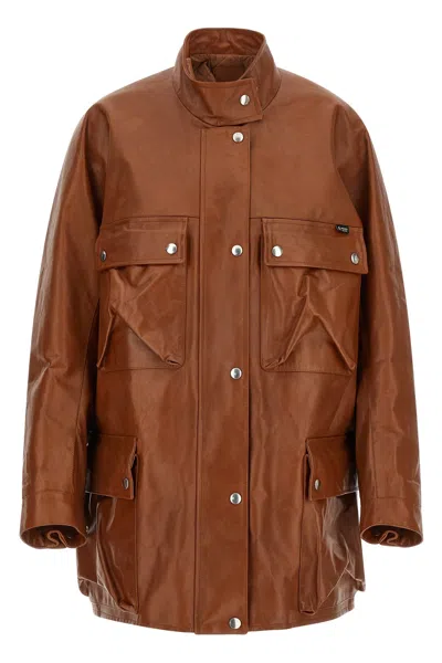 Prada Leather Caban Coat Front Pockets Long Sleeves In Brown