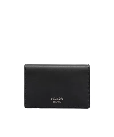 Prada Antiqued Leather Card Holder In Black