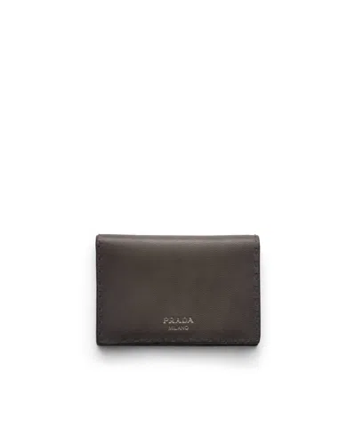 Prada Antiqued Leather Card Holder In Graphite