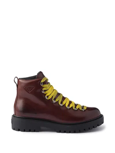 Prada Antiqued Leather Lace-up Ankle Boots In Burgundy