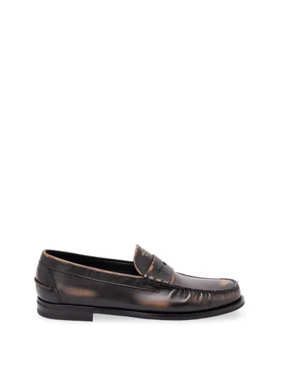 Prada Antiqued Leather Loafers In Brown