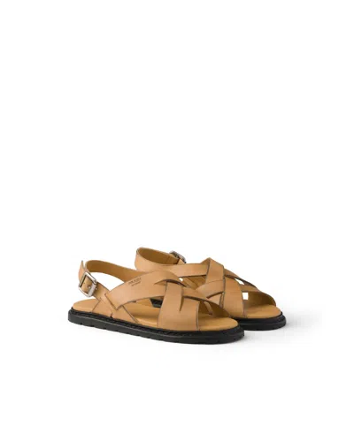 Prada Antiqued Leather Sandals In Brown