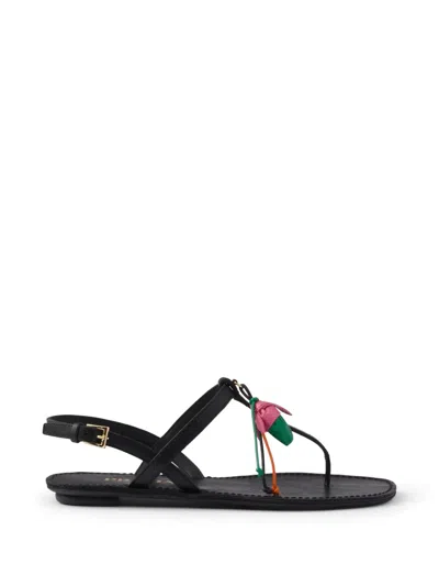 Prada Antiqued Leather Thong Sandals With Floral Ornament In Black