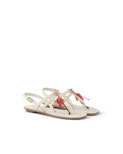 Prada Antiqued Leather Thong Sandals With Floral Ornament In White