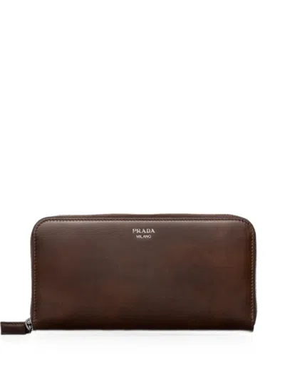 Prada Antiqued Leather Wallet In Brown
