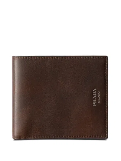 Prada Antiqued Leather Wallet In Brown