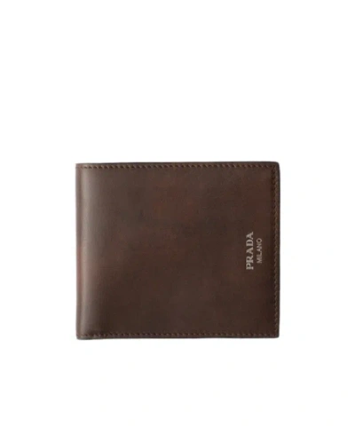 Prada Antiqued Leather Wallet In Brown