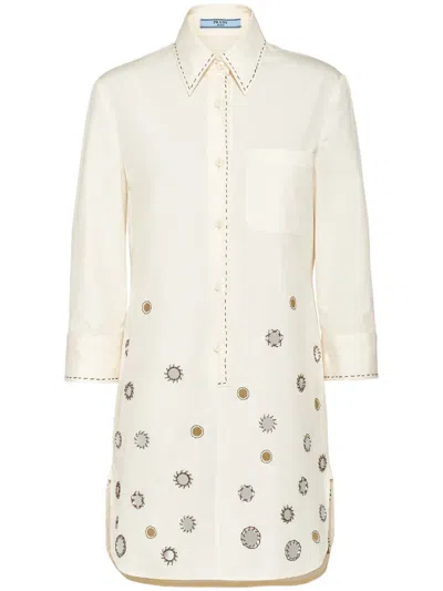 Prada Mirrored Three-quarter Sleeve Poplin Mini Dress In Beige Khaki