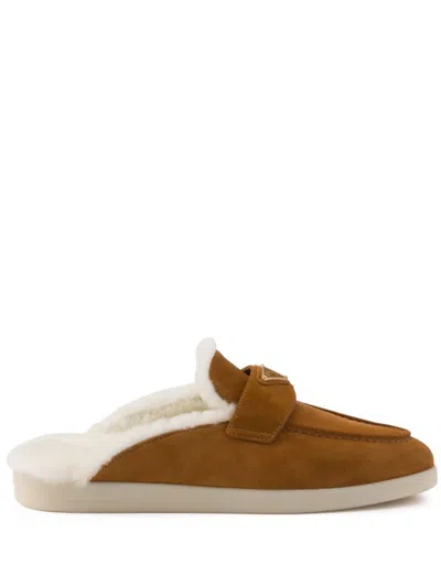 Prada Womens Brown Brand-plaque Suede And Shearling Mules