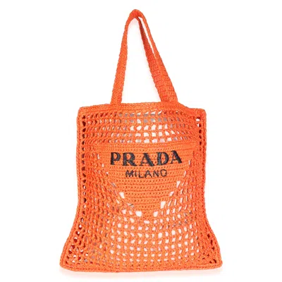 Pre-owned Prada Arancio Yarn Raffia Effect Logo Crochet Tote
