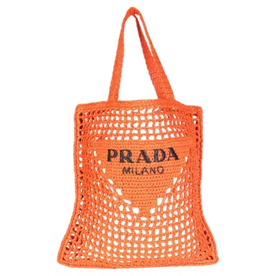 Pre-owned Prada Arancio Yarn Raffia Effect Logo Crochet Tote In Orange