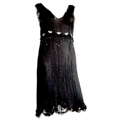 Pre-owned Prada Archival S/s 2000 Runway Black Silk Embroidered Lip Dress