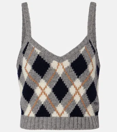Prada Cashmere Argyle Knit Crop Tank Top In Gray