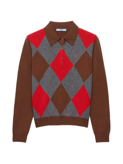 Prada Argyle Cashmere Polo Sweater In 브라운