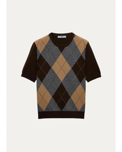 Prada Argyle Cashmere Short-sleeve Crewneck Sweater In Multi