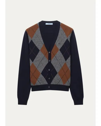 Prada Argyle Cashmere Sweater In Blue