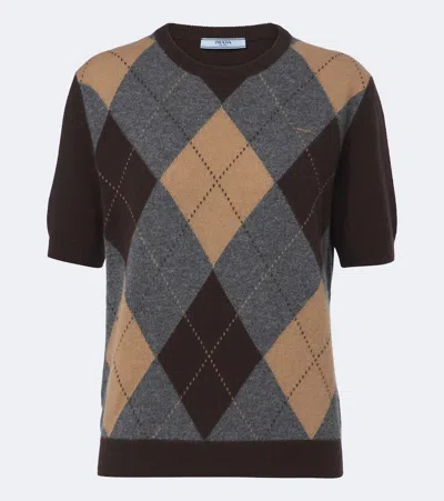 Prada Argyle Cashmere Sweater In Brown