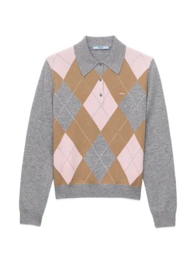 Prada Argyle Cashmere Sweater In Gray