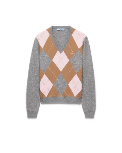 PRADA ARGYLE CASHMERE V-NECK SWEATER