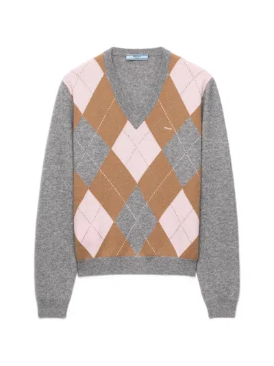 Prada Argyle Cashmere V-neck Sweater In Grey