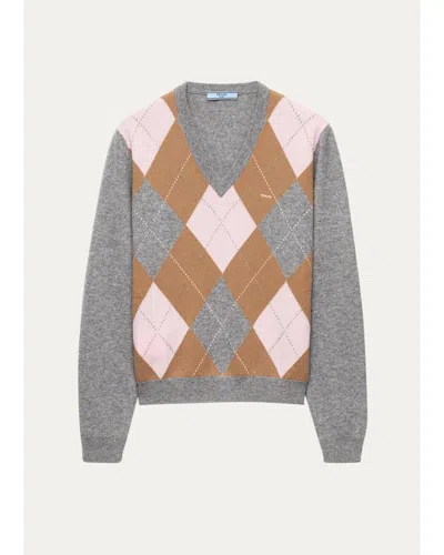 Prada Argyle Cashmere V-neck Sweater In Gris