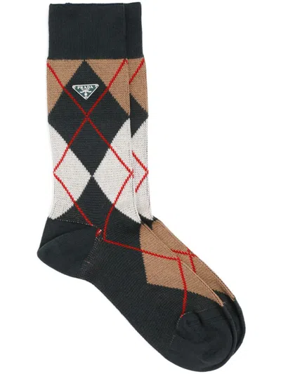 Prada Argyle-check Crew Socks In Brown