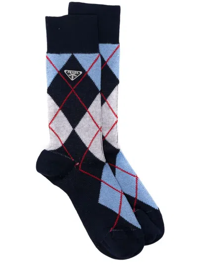 Prada Argyle-check Crew Socks In Blue
