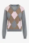 Prada Argyle-pattern V-neck Cashmere Sweater In Gray